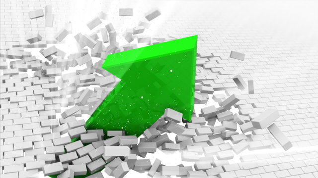 Green arrow destroys a wall. Breaking limit concept.