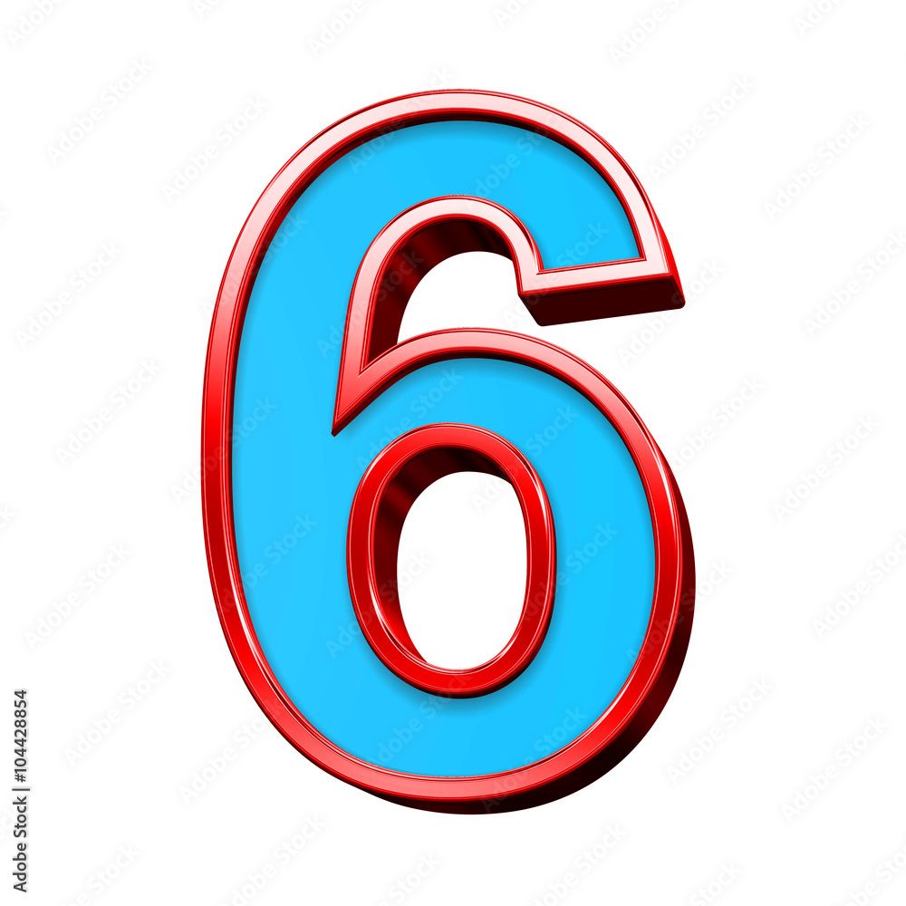 Fototapete one digit from blue glass with red frame alphabet set, isolated on white. computer generated 3d phot