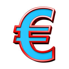 Euro sign from blue glass with red frame alphabet set, isolated on white. Computer generated 3D photo rendering.
