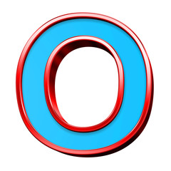 One letter from blue glass with red frame alphabet set, isolated on white. Computer generated 3D photo rendering.