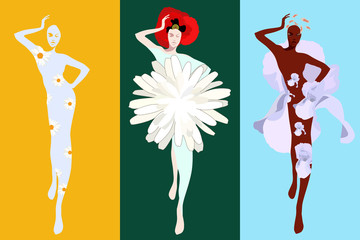 Abstract sketch of the three model (girl) in floral dresses (poppy, chamomile, iris), background of green, yellow, blue. Fashion show, spring-summer, logo