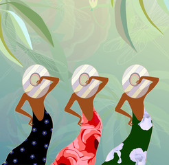 Abstract sketch of models in dresses with floral print (green, red and black) and striped hats, background - tropical forest and dragonflies, fashion spring-summer - 104429854