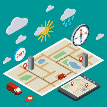 Mobile navigation, transportation, logistics, city map isometric illustration