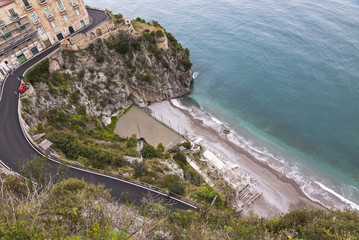 Aerial view of the beach on Amalfi seacoast, Italy