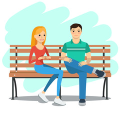 Illustration of young couple.  Young couple sitting on a bench and talking. Rest and outdoor quiet time. Vector illustration. 