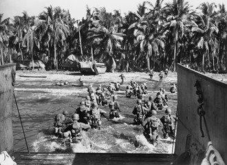 American troops storming the beaches during World War II 