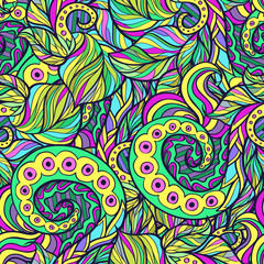 Vector spiral and wavy leaves doodle pattern. Abstract doodle pattern hand drawn for textile design, web design, wallpapers and backgrounds. Notebook cover, wrapping, packaging.