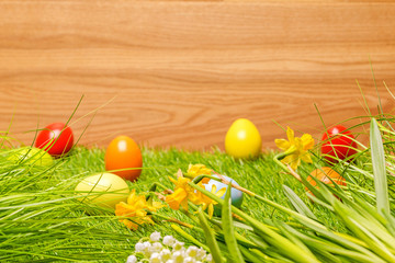 Fototapeta na wymiar Spring flowers and easter eggs on grass in front of wood