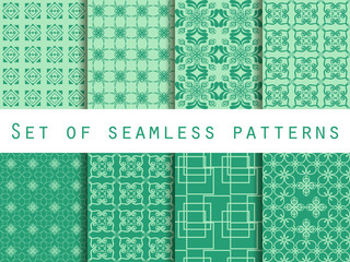 Set of seamless patterns. Geometric patterns. Green color. For wallpaper, bed linen, tiles, fabrics, backgrounds. Vector illustration