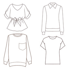 Set of four different tops - sweaters, t shirt, blouse - Flat fashion Sketch template