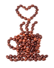 Coffee beans in the form of coffee cup and steam.