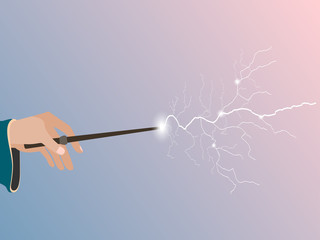 Magic wand. Magic stick in hand. Magic lightning. Rose quartz and serenity violet background. Vector illustration.
