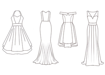 Set of Fashion Flat templates Sketches - Woman dresses - short and medium length 
