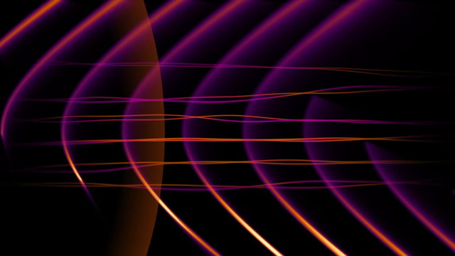 Seamlessly looping abstract motion background features glowing purple and orange lines on curving trajectories with wavy lines and an occasional sound wave elements.