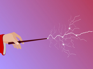 Magic wand. Magic stick in hand. Magic lightning. Vector illustration.