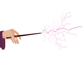 Magic wand. Hand holding a wand on a white background. Lightning spell. Vector illustration.