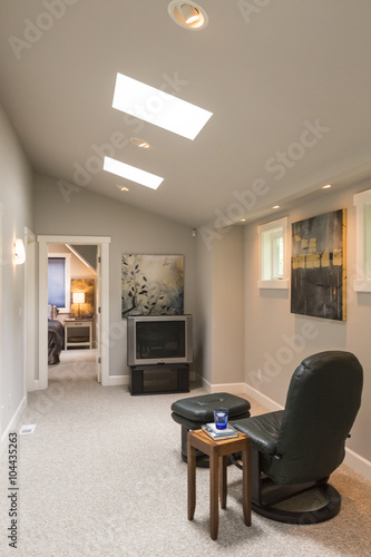 Media Room In Contemporary Upscale Home Interior With Vaulted