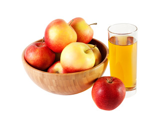 Wooden bowl with apples and glass of apple juice isolated 