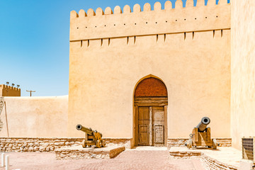 Entrance of Nizwa Fort in Nizwa, Oman. It was built in 1650s and is located about 140 km from Muscat.