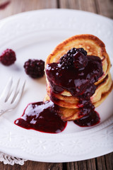 Pancakes with BlackBerry jam.selective focus.