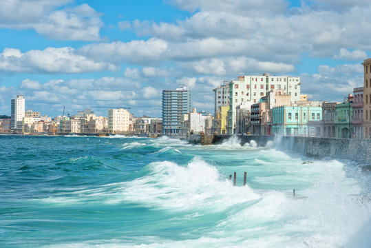The Havana skyline with big waves on the sea