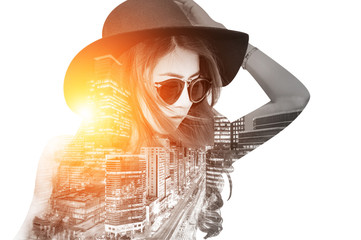 Double exposure,Beautiful girl and cityscape. Retro tone.