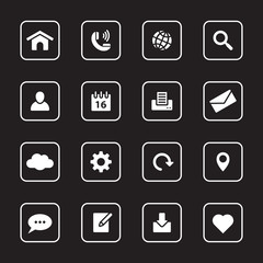 white flat icon set 1 with rounded rectangle frame for web design, user interface (UI), infographic and mobile application (apps)