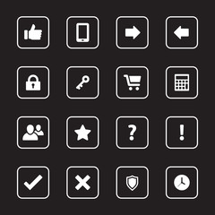 white flat icon set 2 with rounded rectangle frame for web design, user interface (UI), infographic and mobile application (apps)