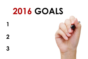 Hand holding pen and 2016 goals list on white background