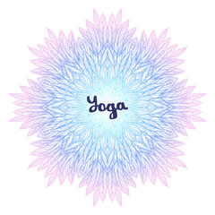 "yoga" inscription with pink blue mandala, a circular pattern on white background, vector illustration