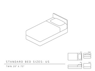 Standard bed sizes of us (United States of America) Twin size 39 x 75 inches perspective 3d isometric with dimension top front side and back view illustration outline set black and white color - 104447004