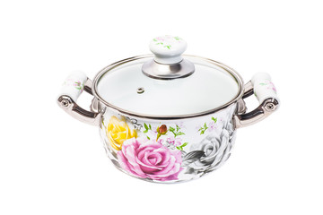 White pot with colorful roses isolated on white background