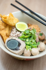 Bowl of noodle with pork ball and special boil egg