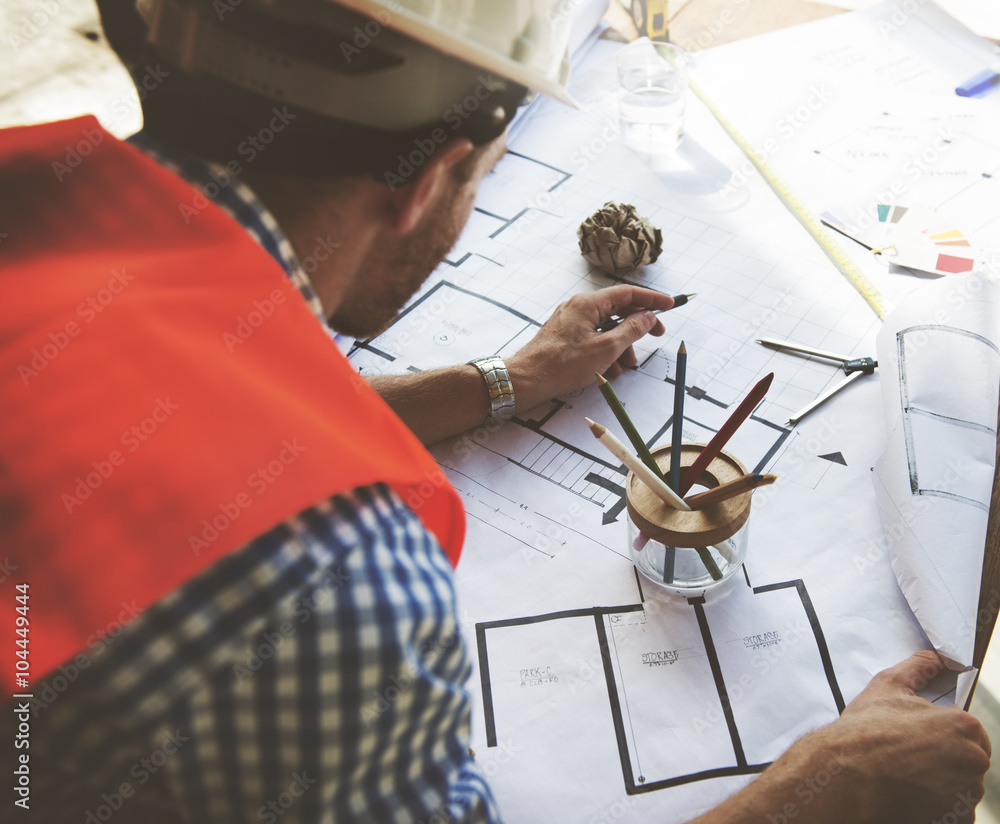 Poster architect engineer blueprint design working concept