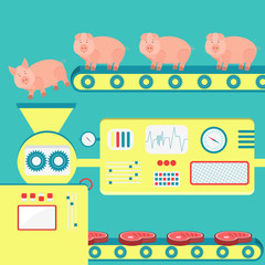 Factory producing pork from pig. Metaphor of a slaughterhouse.