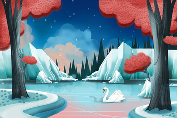 Creative Illustration and Innovative Art: Swan Lake. Realistic Fantastic Cartoon Style Artwork Scene, Wallpaper, Story Background, Card Design 