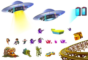 Illustration: Science Fiction Elements Set 5. UFO, Little Hero, Portal, Mine, Gem Cluster etc. Realistic Cartoon Style Sci-Fi Elements Design. 
