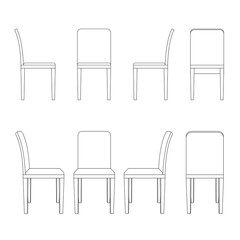 Chair illustration outline, perspective 3d front back and side views black and white color - 104450808