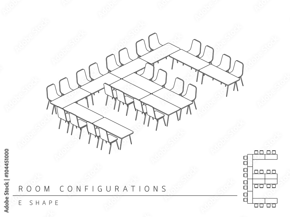 Poster meeting room setup layout configuration e shape isometric style, perspective 3d with top view illust