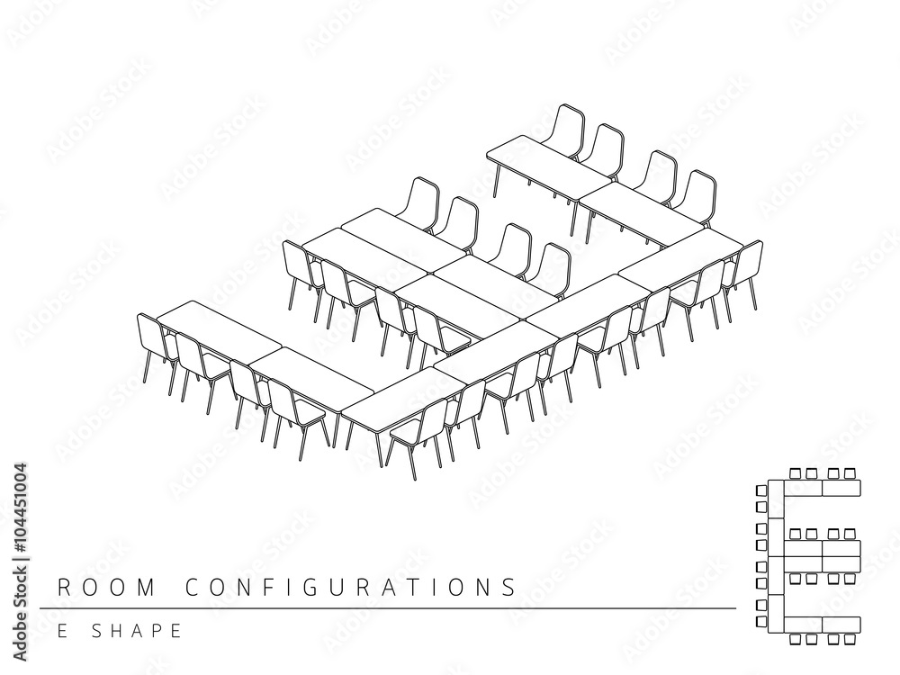 Aufkleber meeting room setup layout configuration e shape isometric style, perspective 3d with top view illust