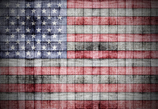 America flag painted on old square blocks wood texture