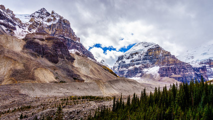 Rugged mountain peaks of The Mitre and Mount Aberdeen surrounding the Hiking Trail to the Plain of Six Glaciers in Banff National Park in the Canadian part of the Rocky Mountains