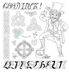 Doodle vector set with Leprechauns and celtic patterns