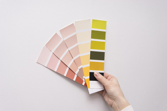 Caucasian female hand holding color samples