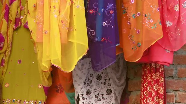 Up close view of colorful scarves of India