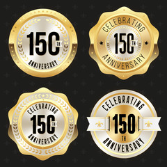 Collection of gold  150th anniversary badges on black background