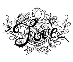 Hand lettering word Love with hand drawn floral wreath