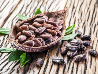 Cocao pod and cocao beans on the wooden table.