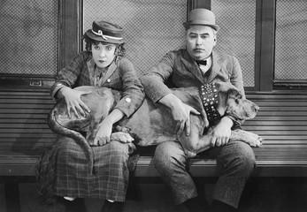 Couple with big dog on laps 