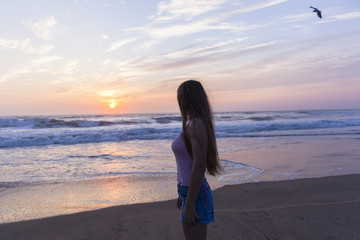 Girl Beach Ocean Sunrise Silhouetted